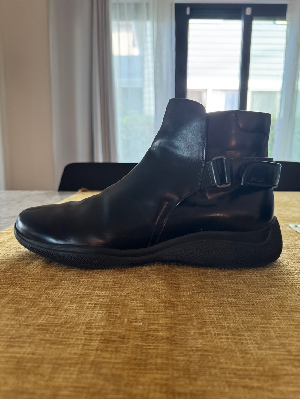 Prada Linea Rossa Black Leather Ankle Boots Chunky Lug Sole Harness Strap Men’s